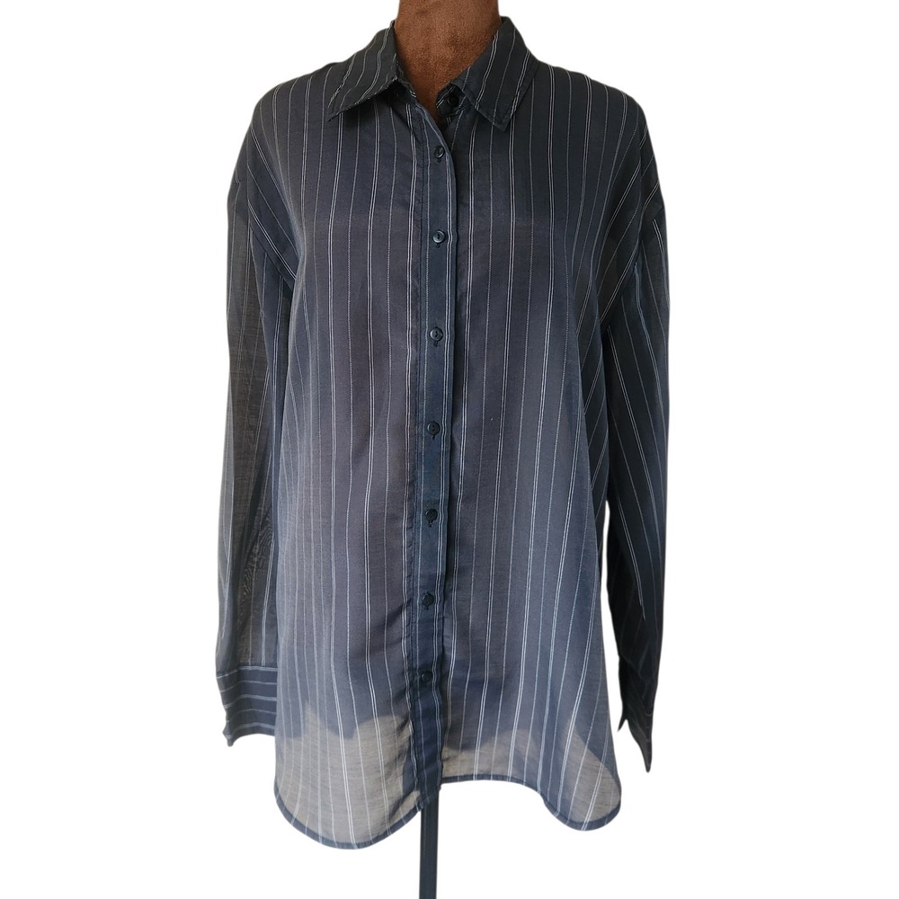 Modern Works Womens Button Up Shirt Size Medium Striped Gray Tencel Sheer‎ Top